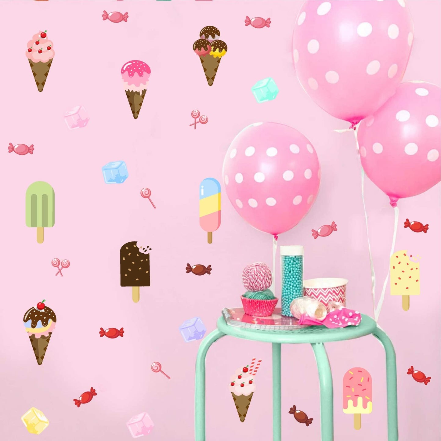 Barri Design Ice Cream Wall Decals Candy Wall Stickers Removable Summer Wall Decals Peel and Stick Ice Cream Cone Decal Cute Decal for Kids Room Bedroom Nursery Party Decoration