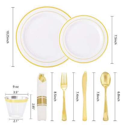 WELLIFE 350-Piece Gold Disposable Plates and Cutlery Set - Premium 10.25" Dinner Plates, 7.5" Dessert Plates, 9oz Cups & Cutlery for Weddings, Catering Events - 50 Guest Service - Elegant & Sturdy