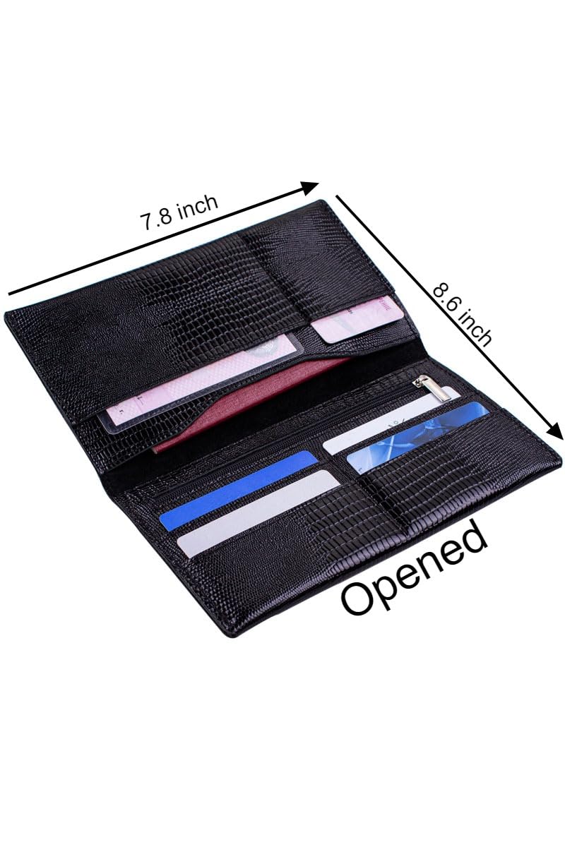 Genuine leather banknote wallet Travel black lizard (leather, durable stitching, folds in half, holds 4 cards, coin pocket, flat banknote compartment)