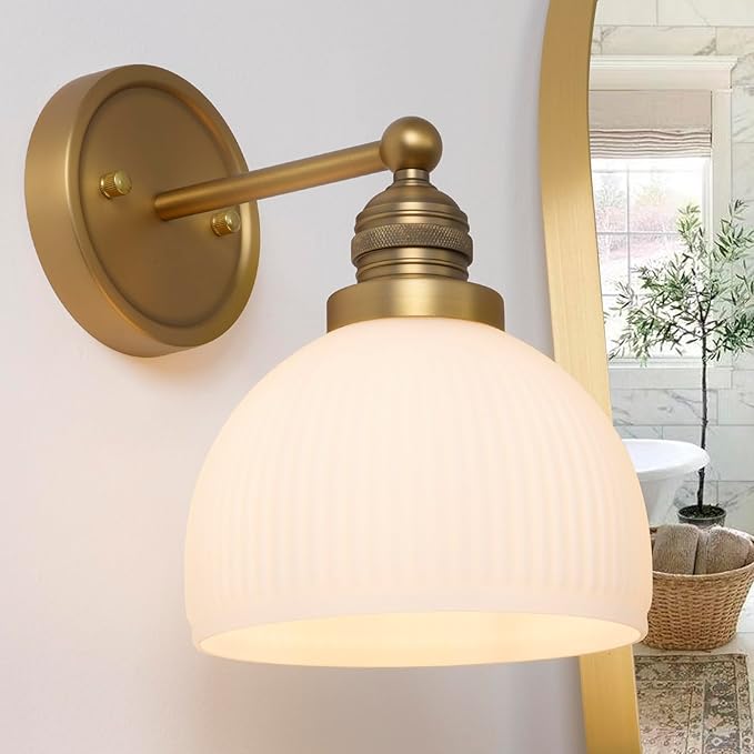 Gold Wall Sconces Vintage Bathroom Vanity Light Fixtures Modern Frosted Milk Glass Sconces Brass Sconce Wall Lighting for Living Room Bedroom Bathroom Mirror Hallway Stairway E26 Hardwire