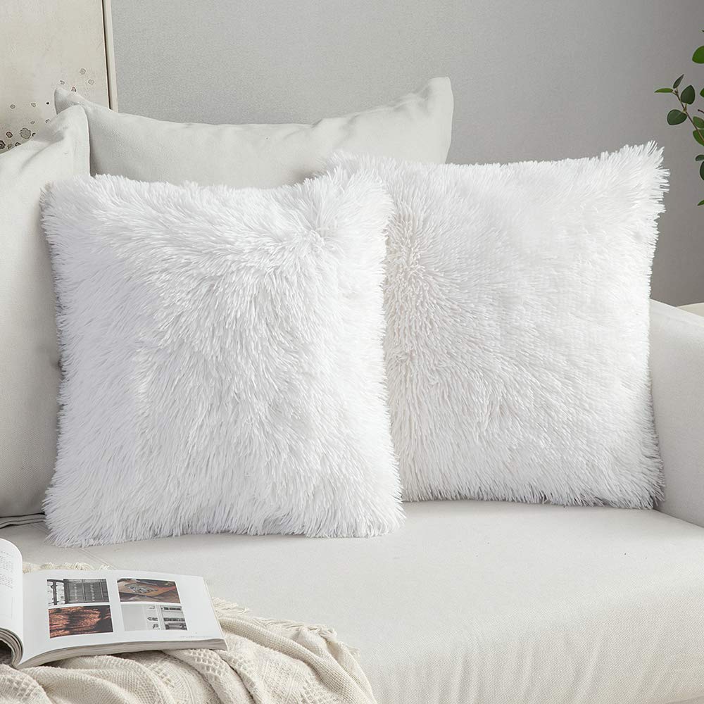 MIULEE Pack of Decoration 2 Luxury Faux Fur Throw Pillow Covers Deluxe Spring Cute Decorative Plush Pillow Case Cushion Cover Shell for Sofa Bedroom Car 20x20 Inch White