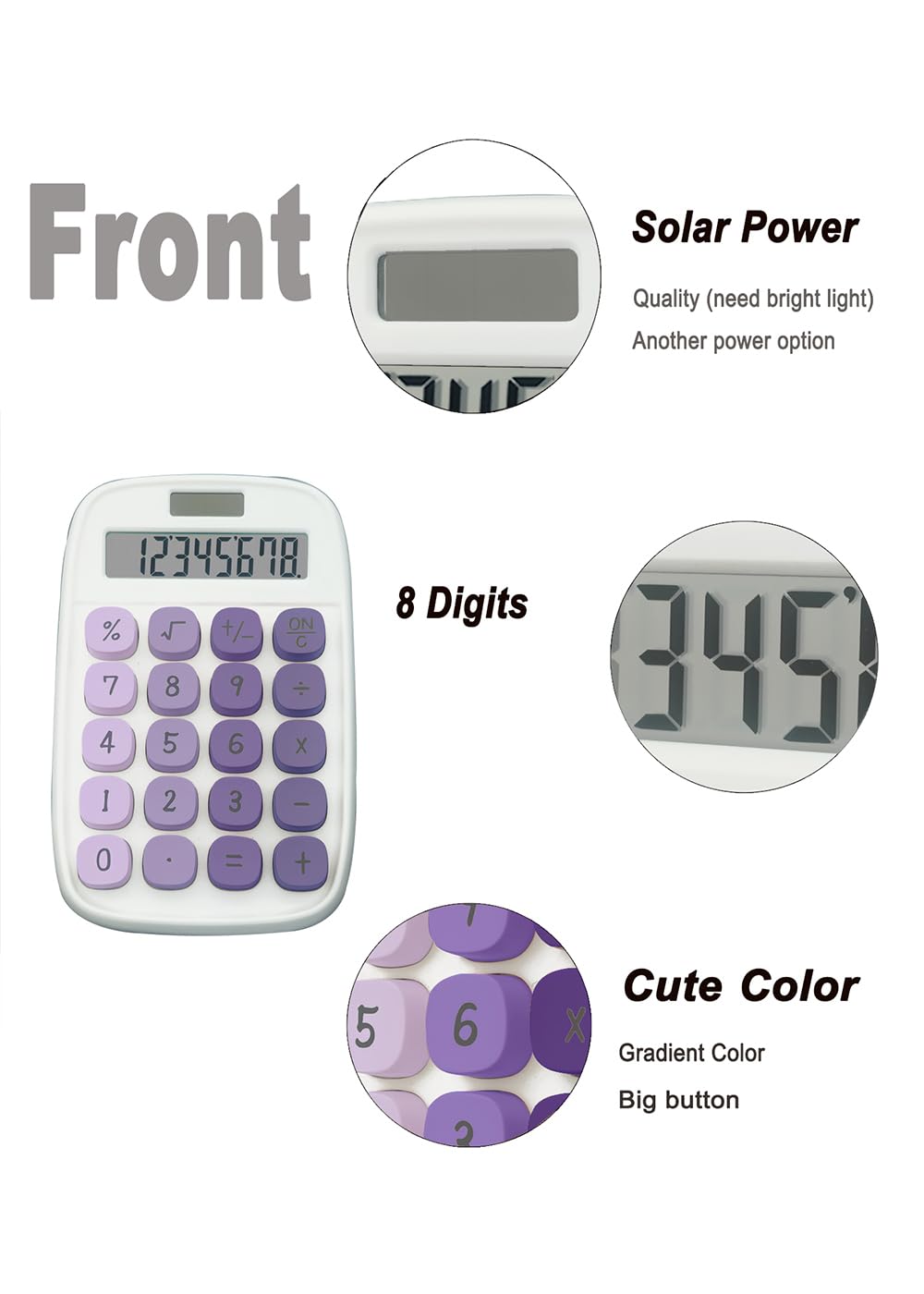 Mechanical Calculator,BTSEYAW Dual Power Calculator with 8 Digit Display tilt Screen and Big Buttons, Cute Office Desk Accessory (W-Purple,2 Pack)
