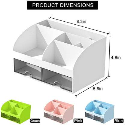 COMFYROOM Desk Organizer with 6 Compartments and 2 Drawers, Plastic Makeup Organizer, Pen Holder for Desktop Storage, Desk Organization for School, Home, Office Supplies (White)