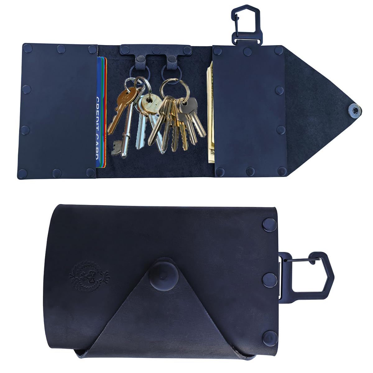 Ru Xing Genuine Leather Key Holder Handmade Organizer Wallet for Keys, Cash, Credit Cards Functional Key Holder for Men & Women (Rivet Style, Black)