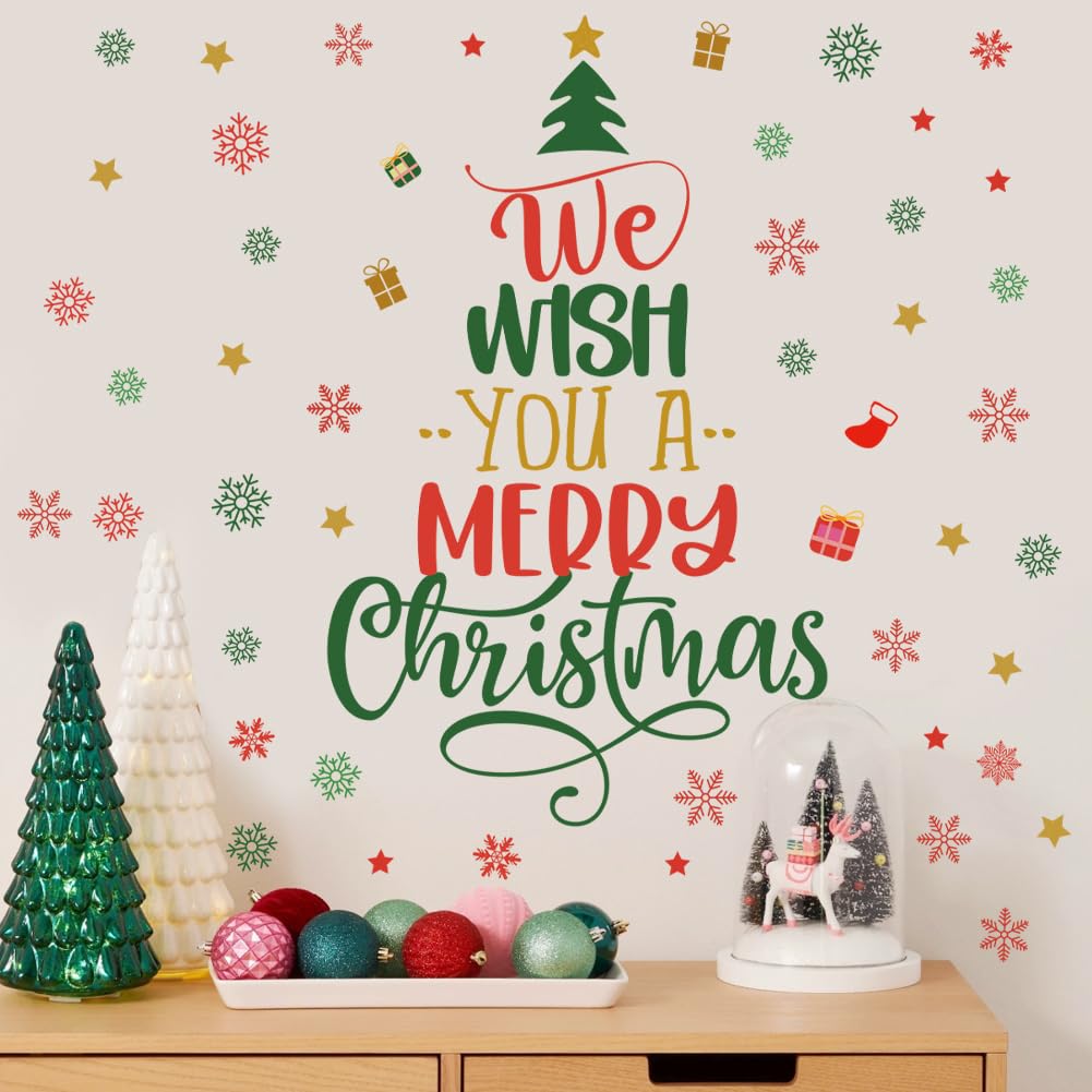 Christmas Tree Wall Decals Merry Christmas Quotes Wall Stickers Xmas Tree Snowflake Wallpaper Christmas Decorations Peel and Stick Removable Vinyl Wall Art for Bedroom