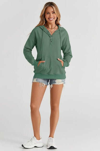Dokotoo Hoodies for Women Early Fall Fashion Drawstring V Neck Long Sleeve Front Button Collar Hooded Pullover Hoodie with Pockets Winter Sweatshirt Loose Fit Casual Ladies Shirt Tops Green X-Large