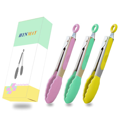 Small Silicone Tongs 7-Inch Mini Serving Tongs, Set of 3 (Black Gray White)