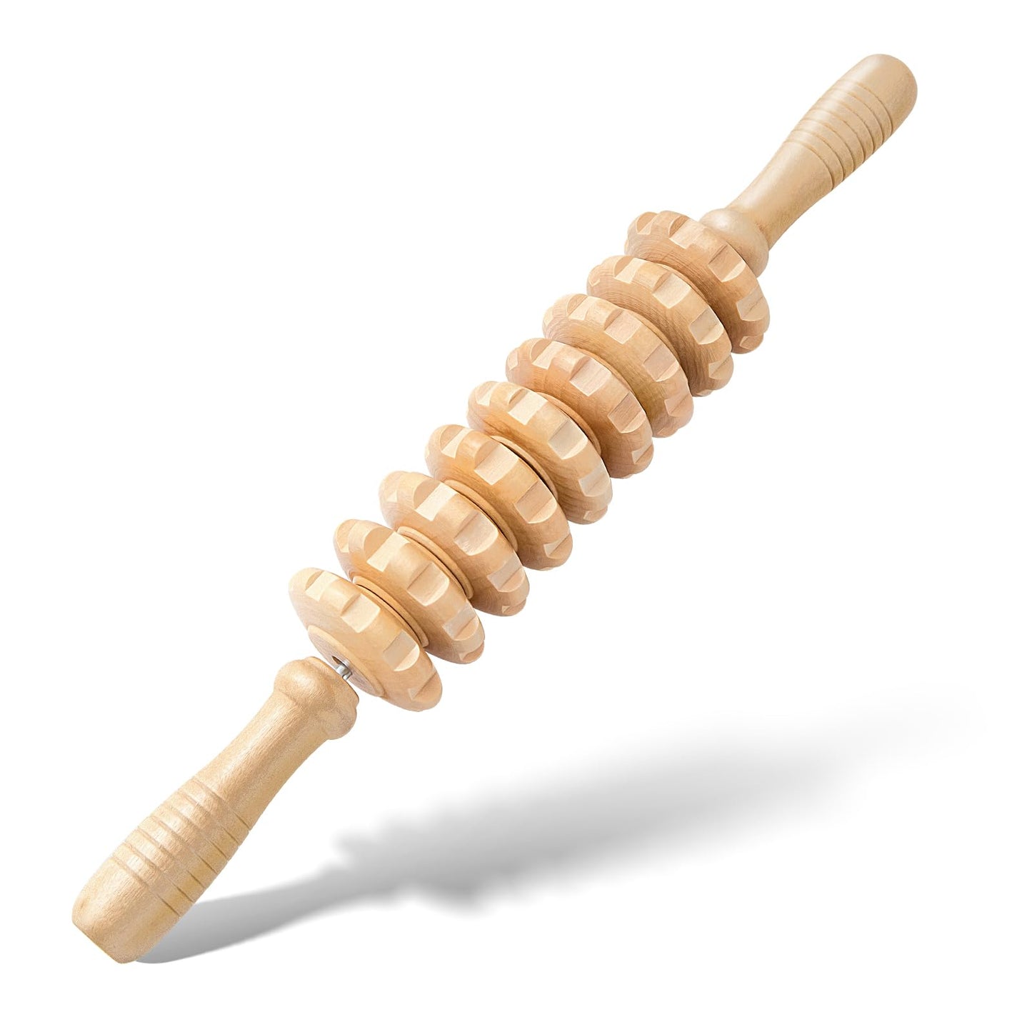 MZDXJ Wooden Cellulite Massage Roller for Legs and Thighs - Handheld Fascia Blaster Tool for Muscle Relief, Lymphatic Drainage & Body Sculpting - Anti Cellulite Massager for Women and Men (9 Wheel)