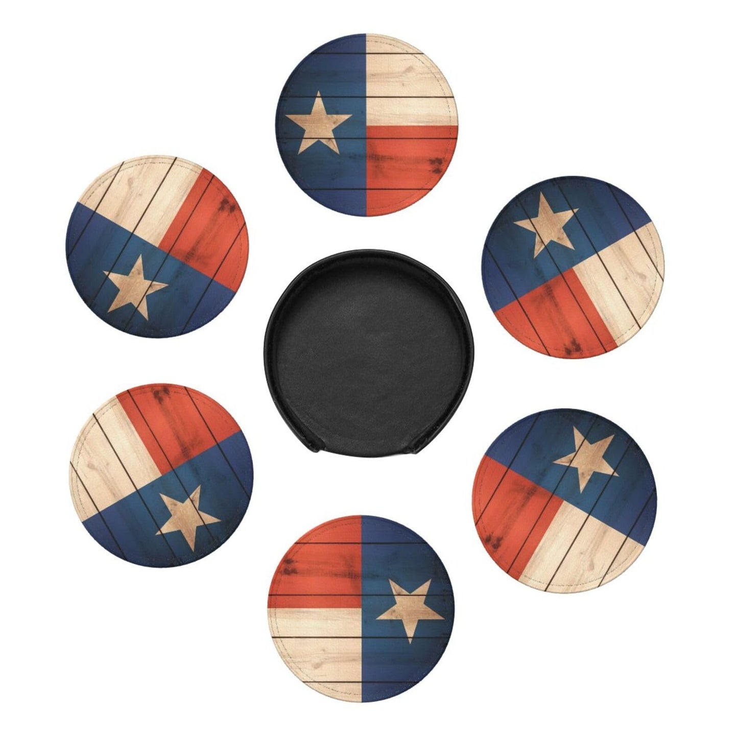 Keeawou Wood Texas Flag Leather Drinks Coasters with Holder, Set of 6, Suitable for Various Cups