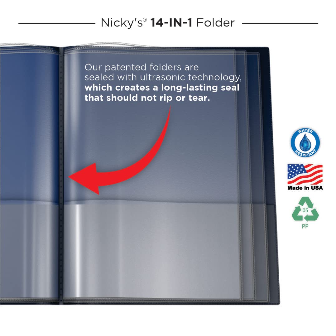 Nicky's® Multi Pocket Organizer, 10 or 14 Page Folder, Waterproof, Patented Tear-Resistant, Flexible Plastic, Proudly Made in USA, Binder Substitute. (14-in-1 Navy Blue)