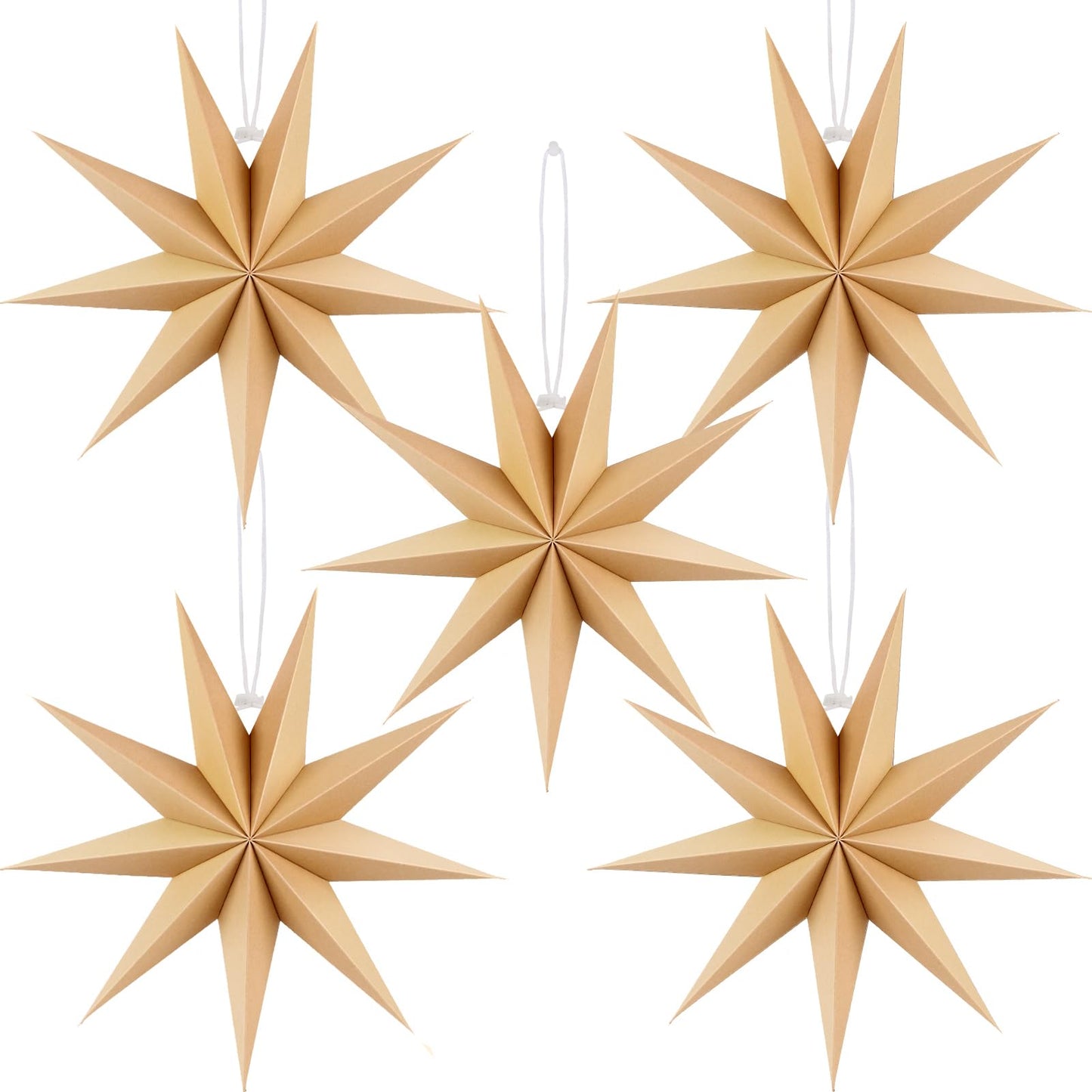 BestoFun 12 Inches 5 PCS Natural Paper Star Lanterns Christmas Hanging Lamp Rustic Paper Decorations Shade Wedding Birthday Christmas Home Party Decorations (9 Pointed)