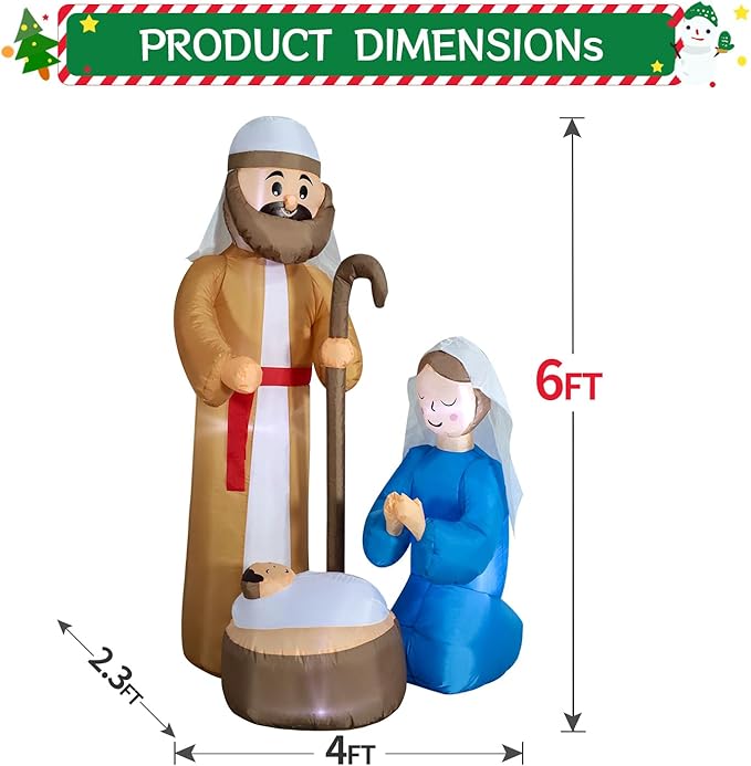 DomKom 6ft Christmas Inflatables Nativity Scene Outdoor Decoration，LED Lights Holiday Blow Up Yard Decoration for Holiday Party Garden Yard Lawn Winter Decor