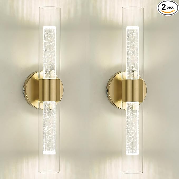 kudos Gold Bathroom Light Fixtures,2 Pack Modern Sconces Wall Lighting with Crystal Bubble and Clear Glass, 3000K/4500K/6000K Adjustable, KDVL05-GD-2-2PK