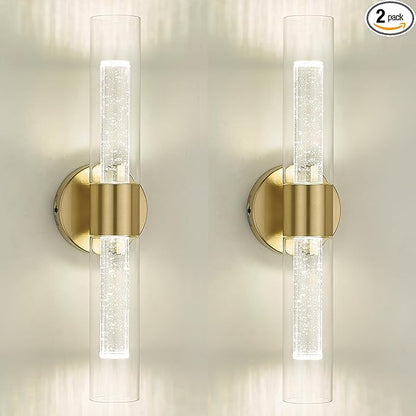 kudos Gold Bathroom Light Fixtures,2 Pack Modern Sconces Wall Lighting with Crystal Bubble and Clear Glass, 3000K/4500K/6000K Adjustable, KDVL05-GD-2-2PK