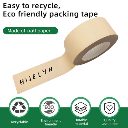 Hijelyn Shipping Tape 2 Rolls Recyclable Brown Kraft Paper Tape for Packing Box, Odorless Quiet Carton Sealing Storage Packaging Supplies, 2 Inch x 66 Yards/per roll