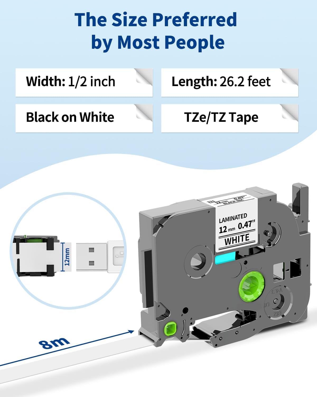 Label Maker Tape Replacement for Brother P Touch Label Tape 12mm 0.47 Laminated White TZe-231 TZe231 TZe TZ Label Maker Refills for Brother PT-D220 D210 H110 D410 D610BT, 12mm x 8m, 6-Pack