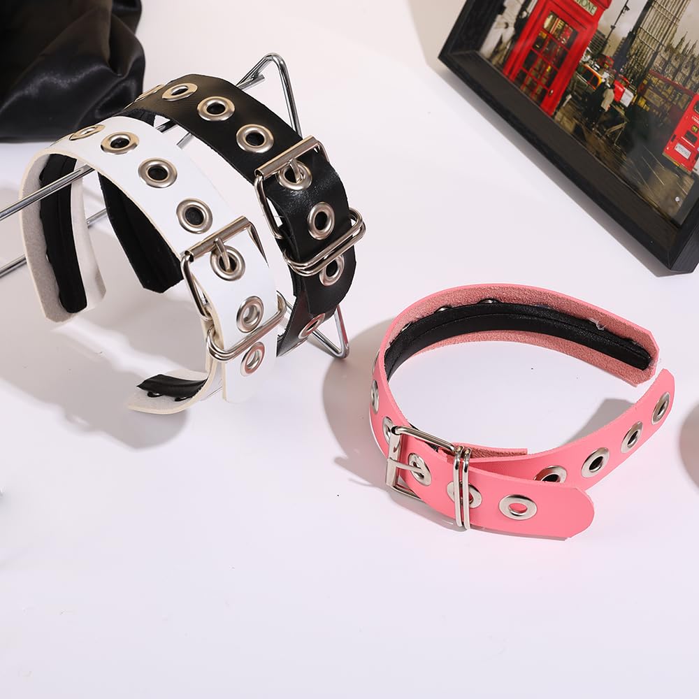 BaBakiak Gothic Punk Style Metal Buckle Headband for Women, Belt design Black Leather Headband, 2-Piece Set Hair Accessories