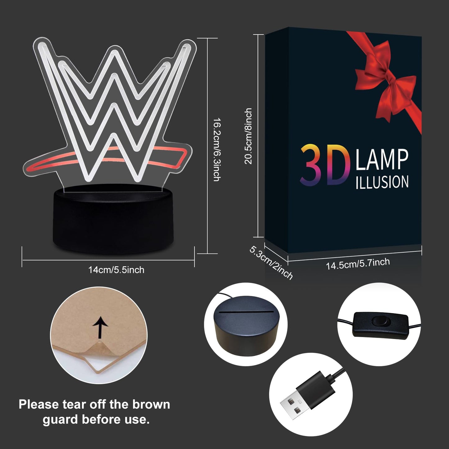 3D Wrestling LED Night Light with Corded Control, White Illusion Lamp for Boxing Gym, Sports Bar, Game Room | Unique Birthday Christmas Gifts for Teens, Boys, Girls, Fight Fans
