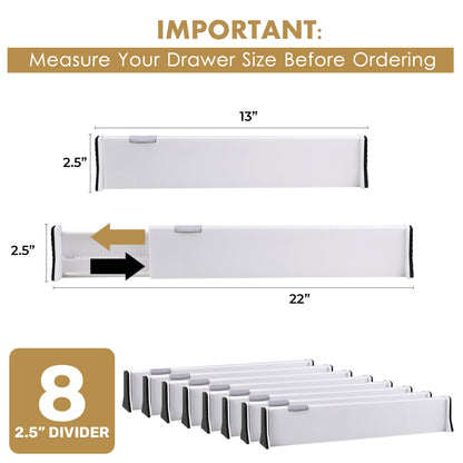 RAPTUROUS Adjustable Deep Drawer Divider – 5" Tall, Expandable 13-22", 10-Pack, Non-Slip Drawer Dividers for Clothes, Dresser, Kitchen & Office Organization (White)