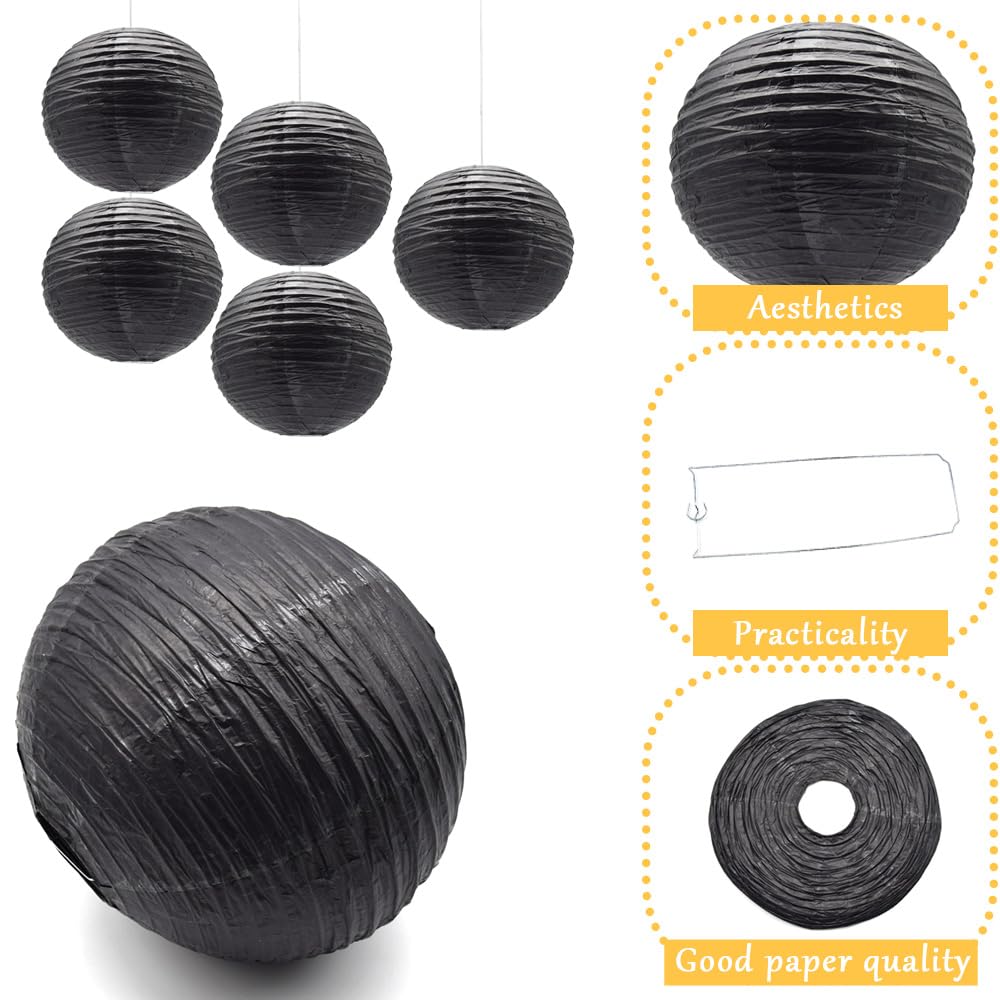 Ruidee 6Pcs Paper Lanterns Decorative Round Hanging Paper Lanterns for Birthday, Wedding, Christmas Xmas, Bridal, Home Decor, Party Decoration（12in/Black）