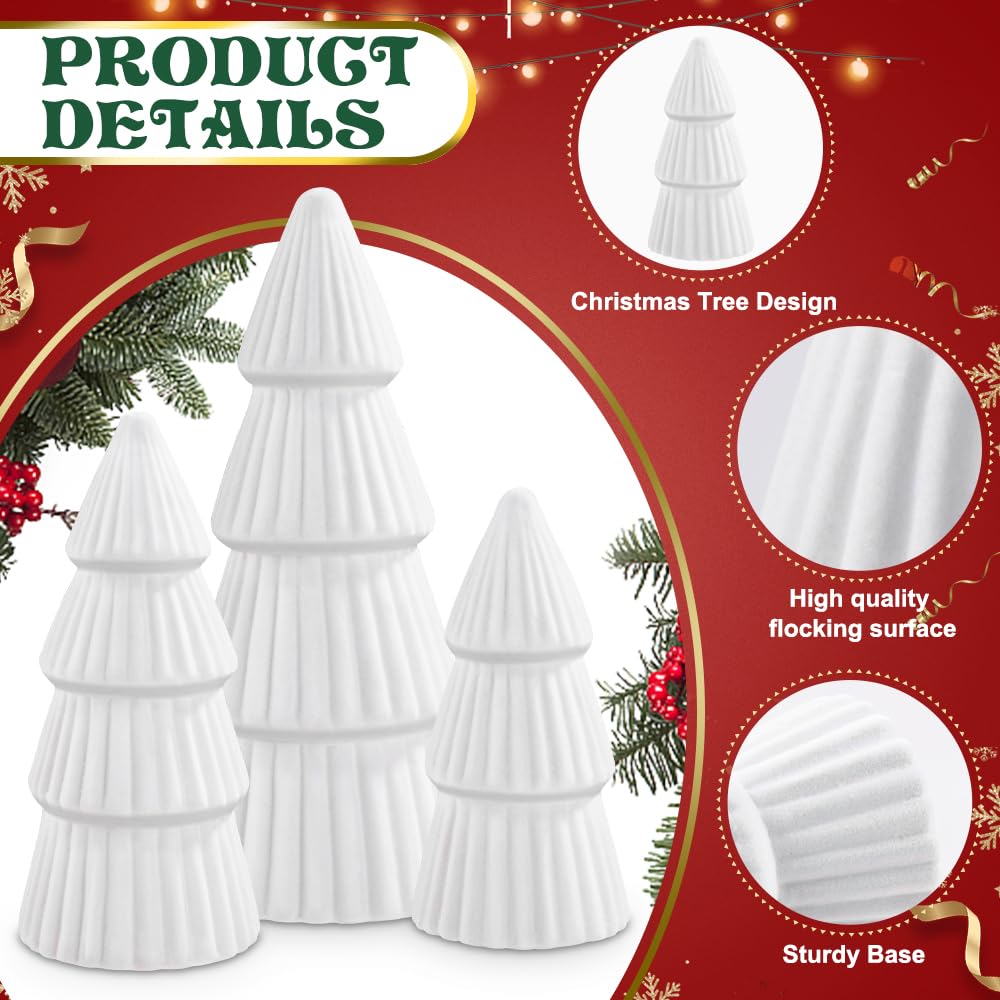 JOICEE 3 Pcs Velvet Ceramic Christmas Trees, Xmas White Modern Velvet Cone Tabletop Trees for Christmas Decorations Indoor Table Mantel Entryway Centerpieces Home Room Decor