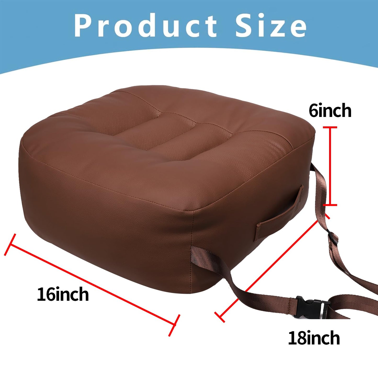YOUFI Leather Seat Cushion Extra-Thick Booster for Office Chair to Rise Height - Full Filling for Support - with Breathable Cover, Handle and Buckle - Relieves Back Pain – 18"x16"x6" (Brown)