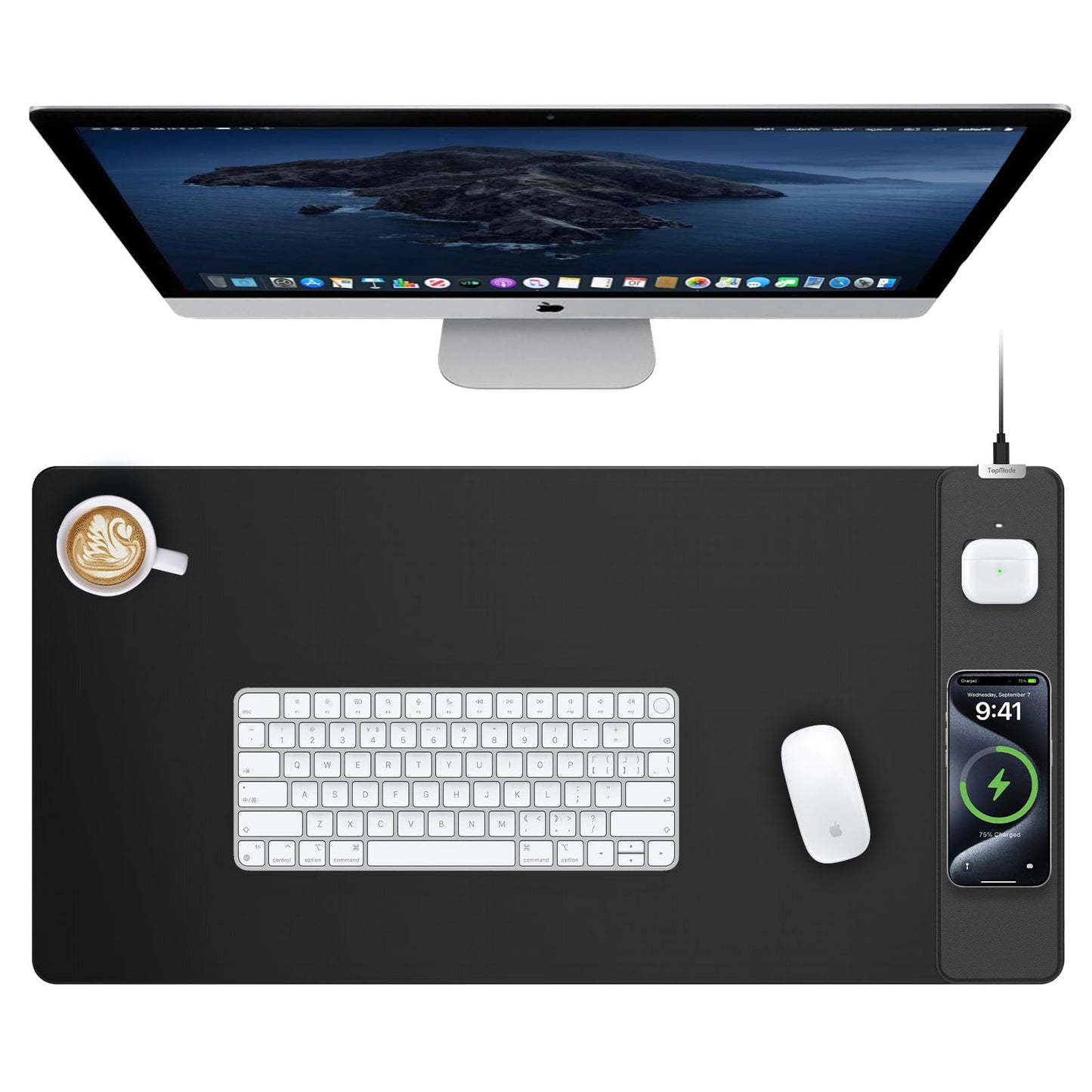 TopMade Mouse Pad with 15W Wireless Charging, Gaming Mousepad Home Office Large Desk Pad with Ultra-Smooth Surface, Non-Slip Base, Waterproof Keyboard Pad, Classic Black Desk Mat