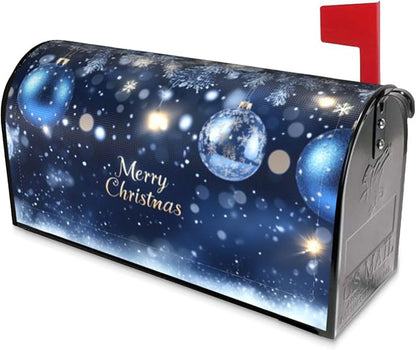 Festive Magnetic Mailbox Cover Christmas Blue Ball Pattern Outdoor Mailbox Protector Holiday Seasonal Decorative Garden Yard Home Large Size 25.5 x 21 Inch