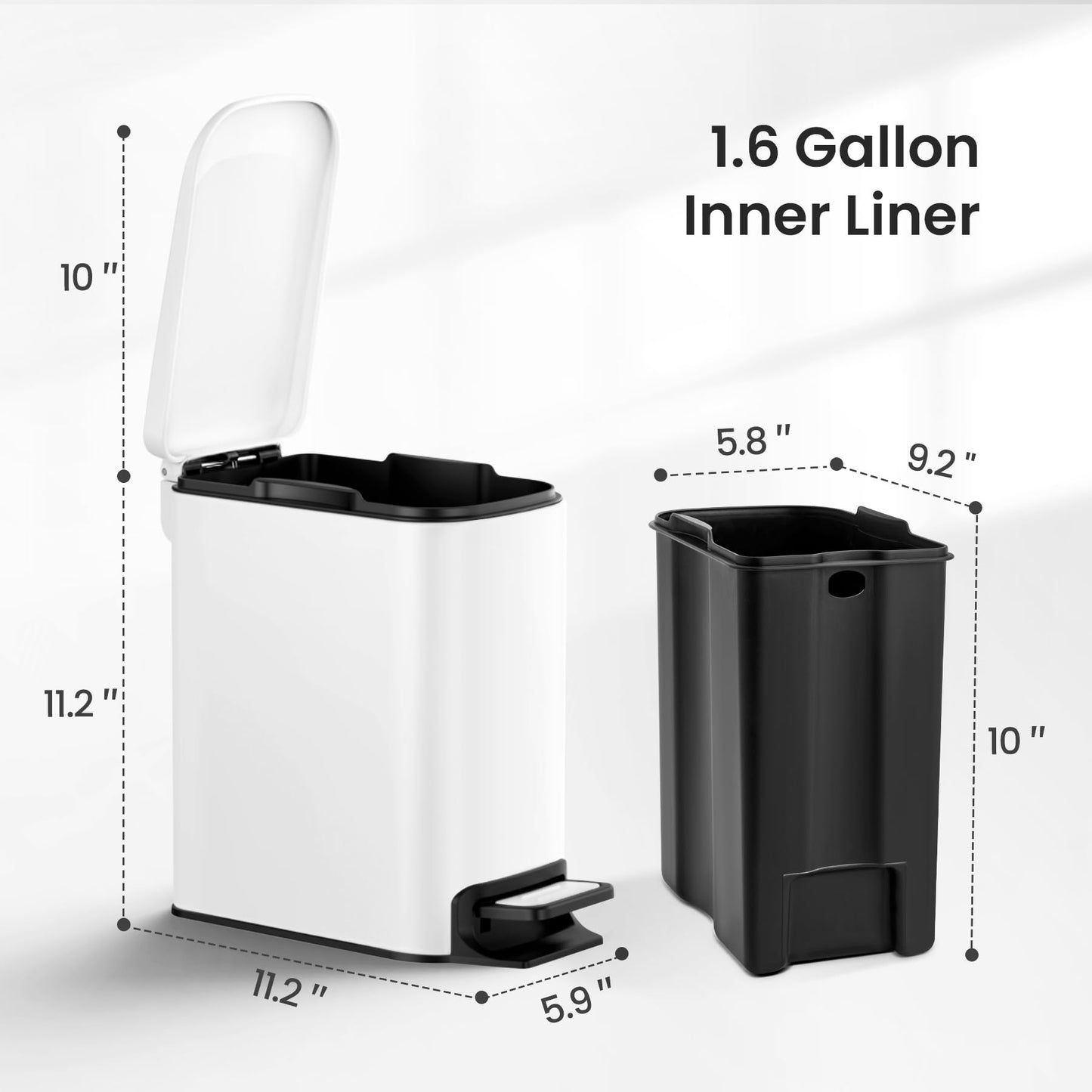 Cesun Small Bathroom Trash Can with Lid Soft Close, Step Pedal, 6 Liter / 1.6 Gallon Stainless Steel Slim Garbage Can for Bedroom, Diaper Waste Basket with Removable Inner Bucket (White)