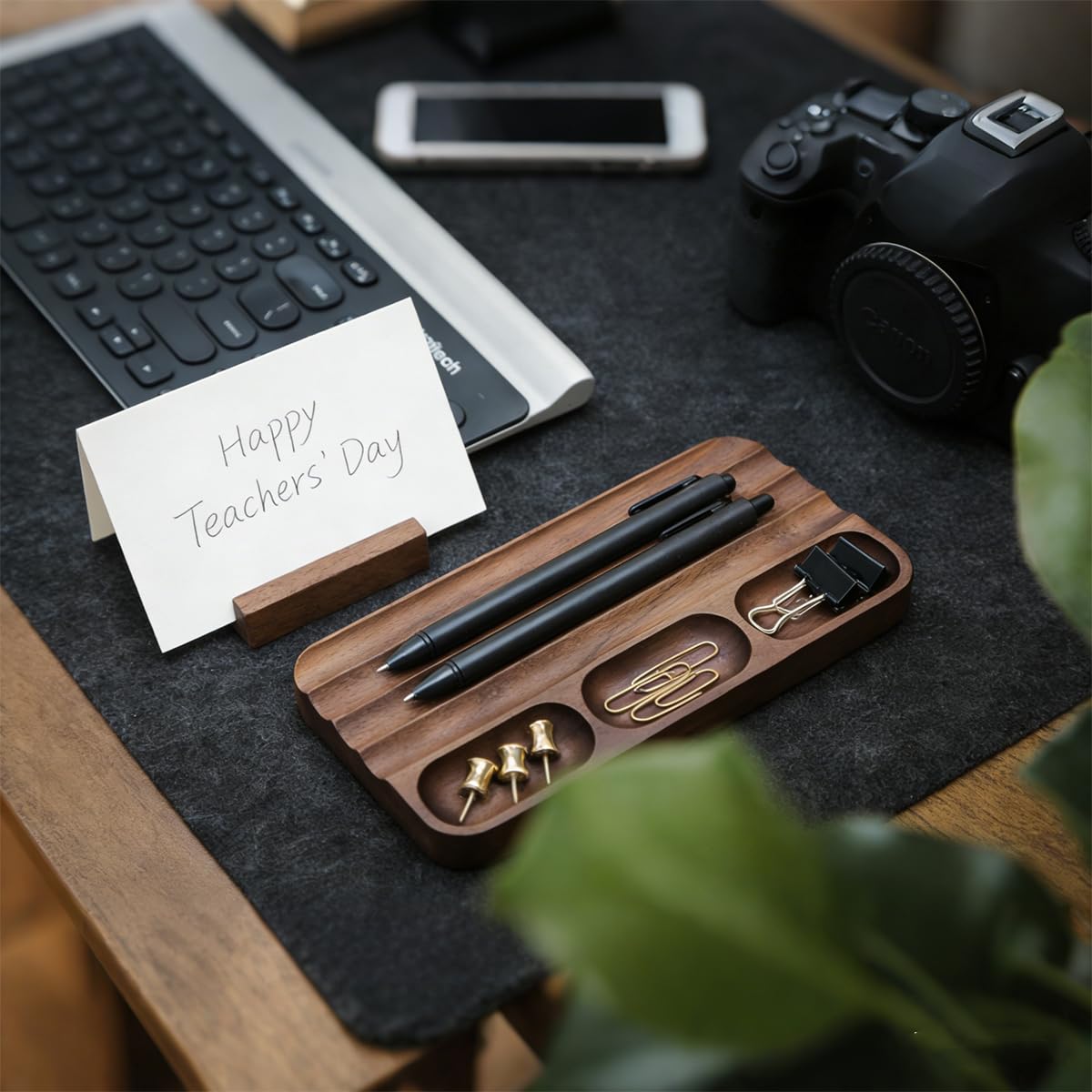 LITAITAI Horizontal Pen Holder,Acacia Wood Pen Tray,Desktop Pen Display,Walnut Desk Tray,Paperclip Headphones Eraser Office Stationery Storage,Brown