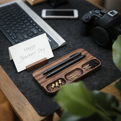 LITAITAI Horizontal Pen Holder,Acacia Wood Pen Tray,Desktop Pen Display,Walnut Desk Tray,Paperclip Headphones Eraser Office Stationery Storage,Brown
