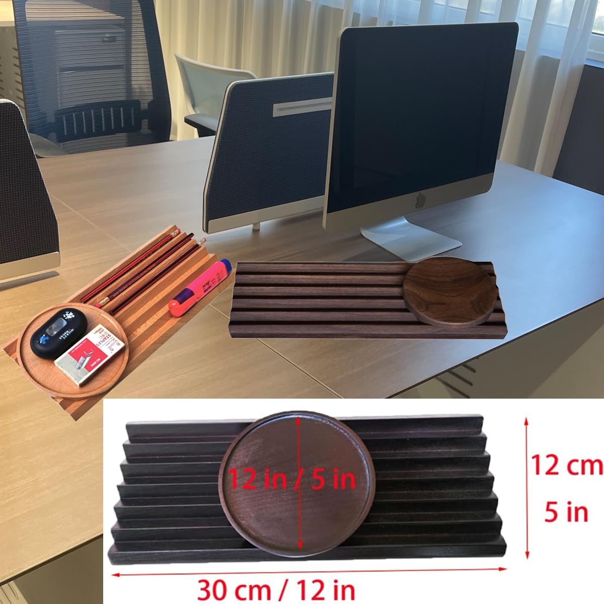 JUTSTJUKO Pen Holder Wave Pen Tray Wooden Desk Organizer,Pencil Holder,Fountain Tray,Pencil Organizer for Desk (Walnut)