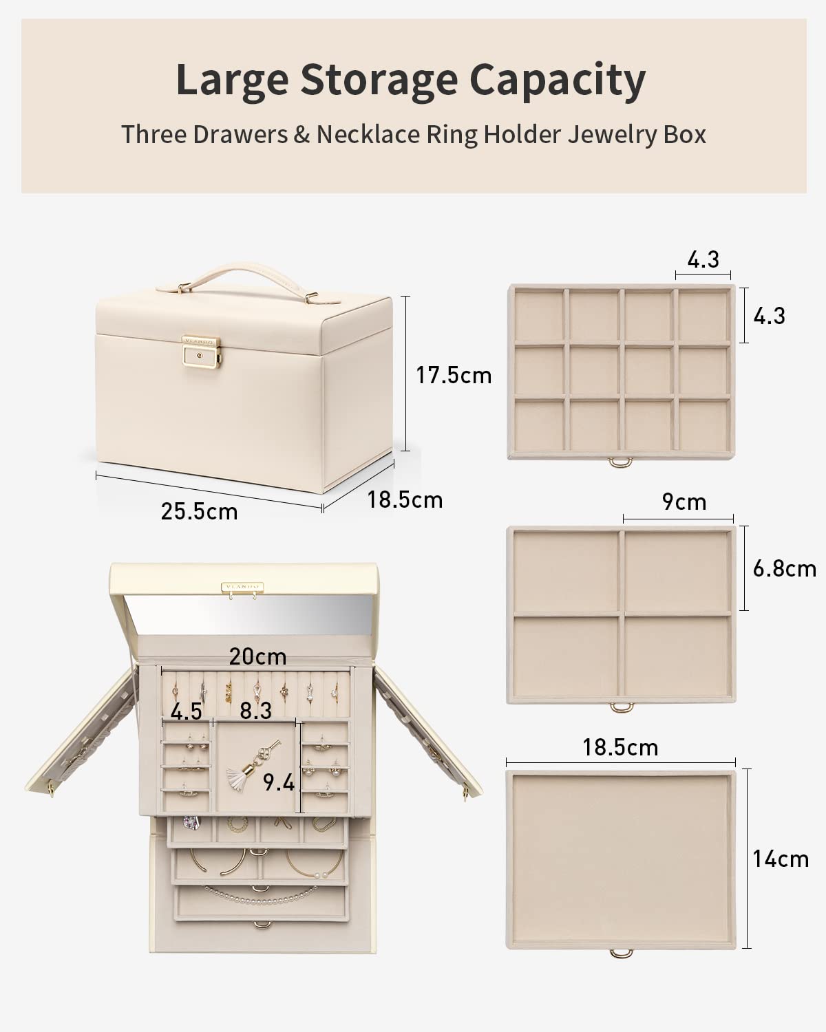 VLANDO Jewelry Box for Mothers Day Teacher Appreciation Gifts, 4-Tier Jewelry Organizer with Lock, Mirror Jewelry Box for Earring, Ring, Necklace, Jewelry Storage for Women Girls - Beige