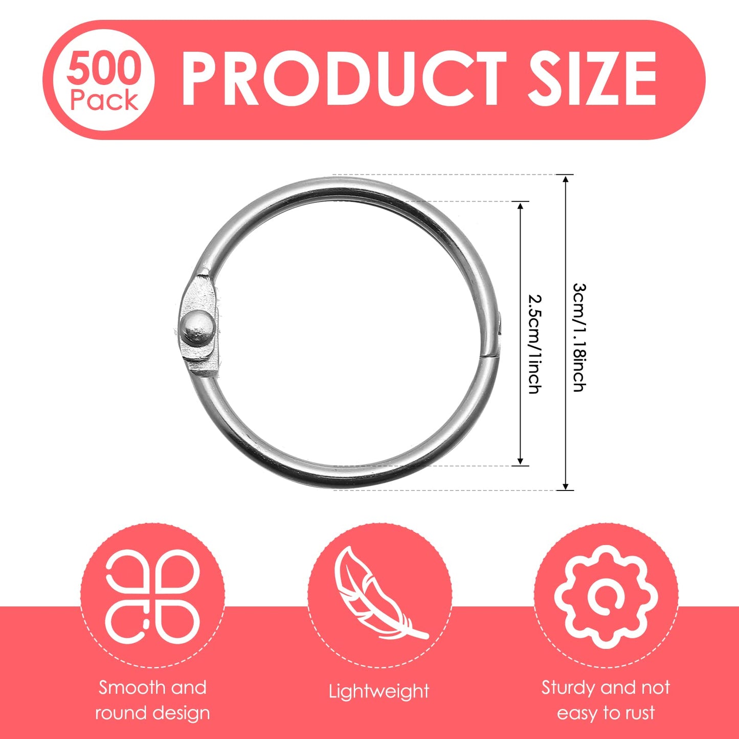 500 Pack Loose Leaf Binder Rings 1 Inch 25 mm Office Book Flashcard Rings Metal for Index Cards Binder Clips for School Home Office Supplies, Silver