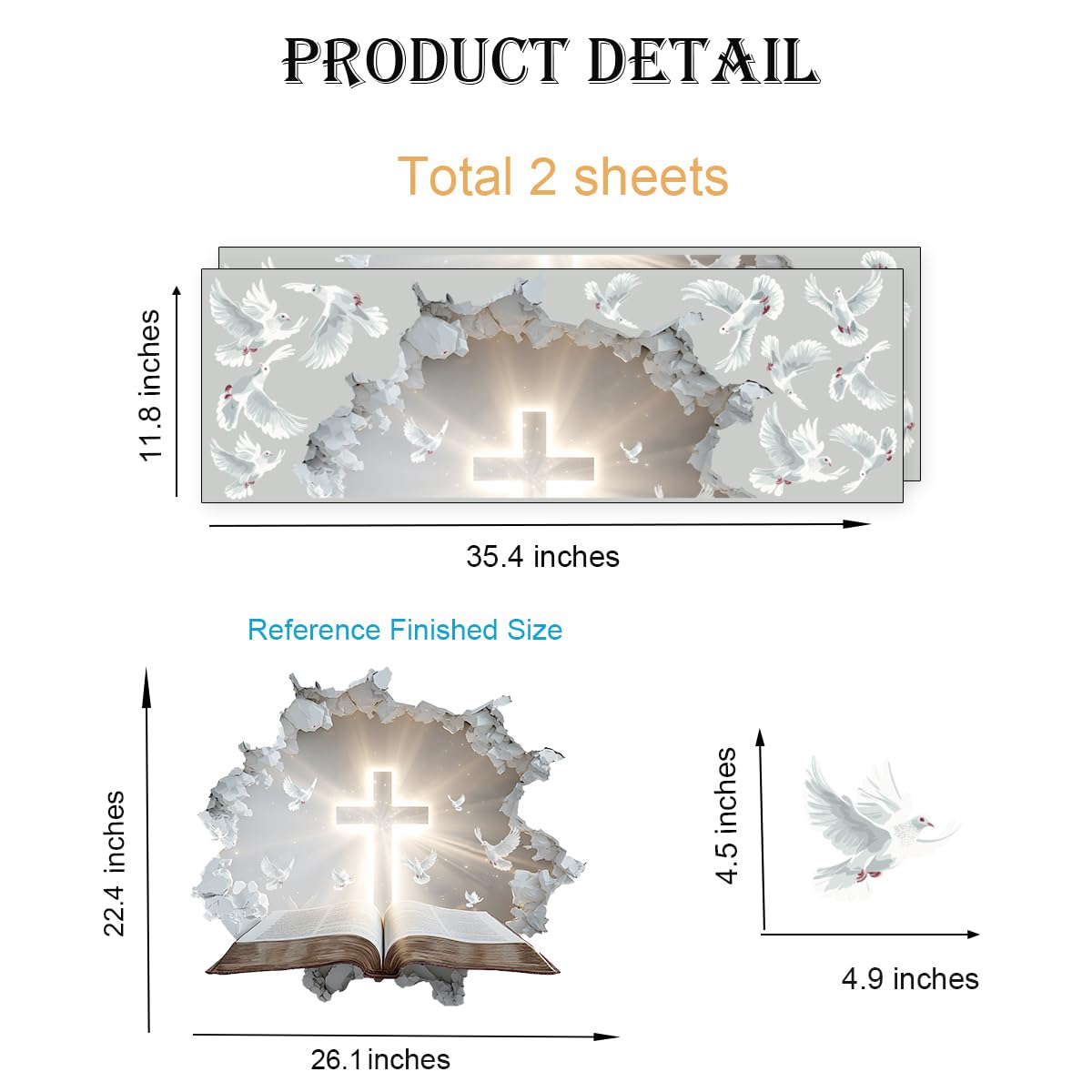 YIMEHDAN 3D Holy Cross Wall Decal, Bible and Pigeon Vinyl Wall Stickers, Removable Blessed Cross Artwork for Christian Religious Prayer Bedroom Living Room Christmas Decor
