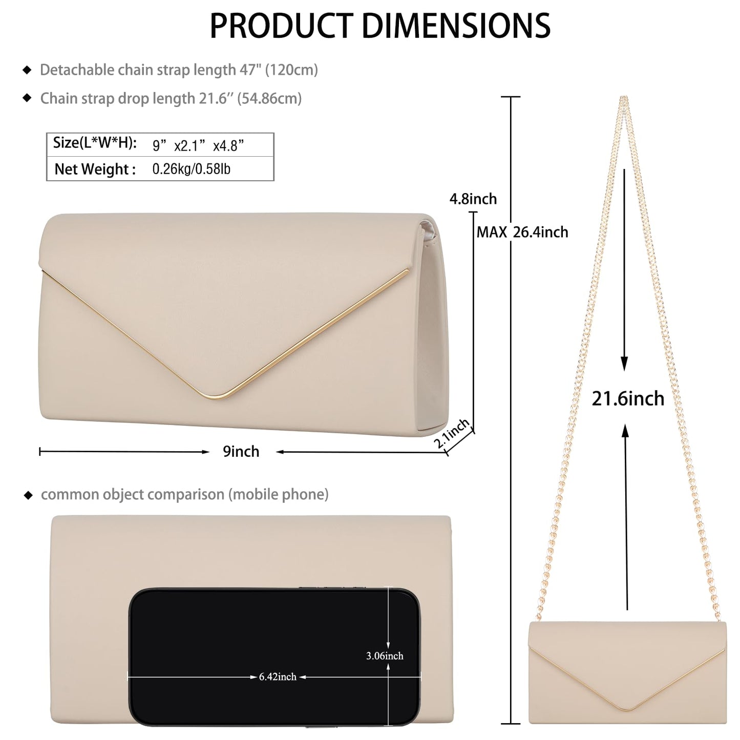 Vegan Leather Envelope Clutch Bag Classic Dressy Purse Foldover Evening Handbag Beige Medium