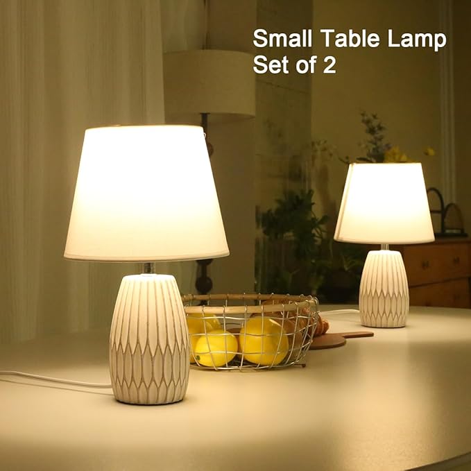 Small Table Lamp Set of 2, Boho White Lamps for Night Stands,Beside Lamp for Living Room,Beed Room,Kid’S Room,Kitchen,Minimalist Ceramic Side Table Lamp(Bulb Not Included)