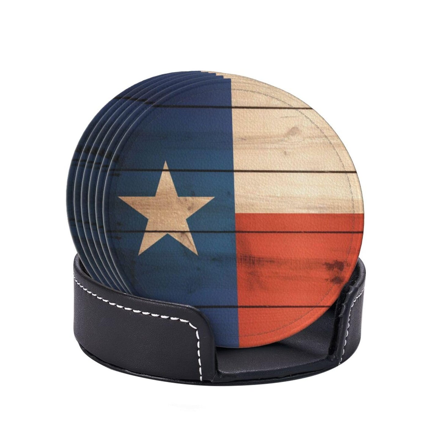Keeawou Wood Texas Flag Leather Drinks Coasters with Holder, Set of 6, Suitable for Various Cups