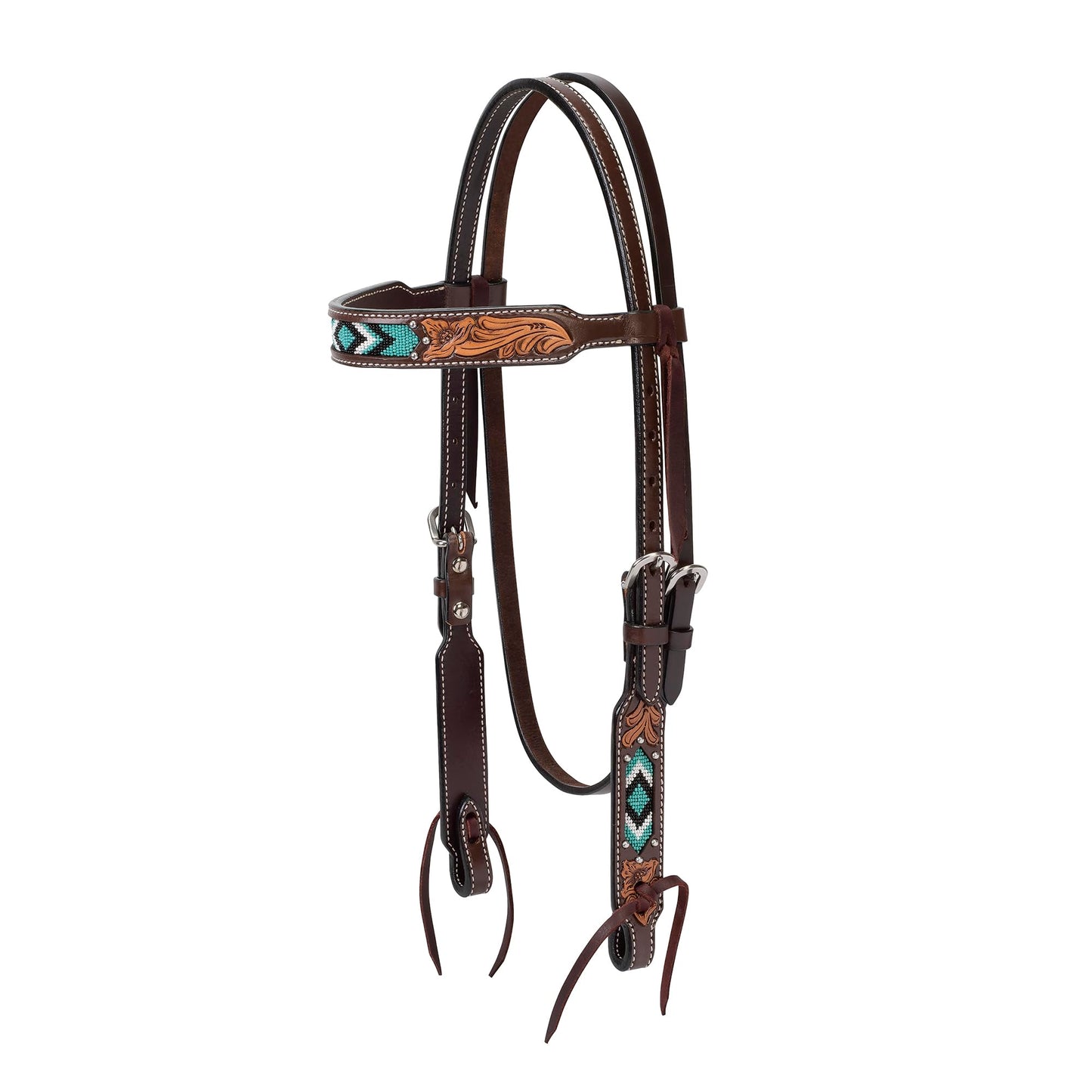 Weaver Equine Turquoise Diamond Beaded Horse Headstall, Leather Headstalls for Horses for Trail Riding, Durable Equine Supplies, Dark Oil