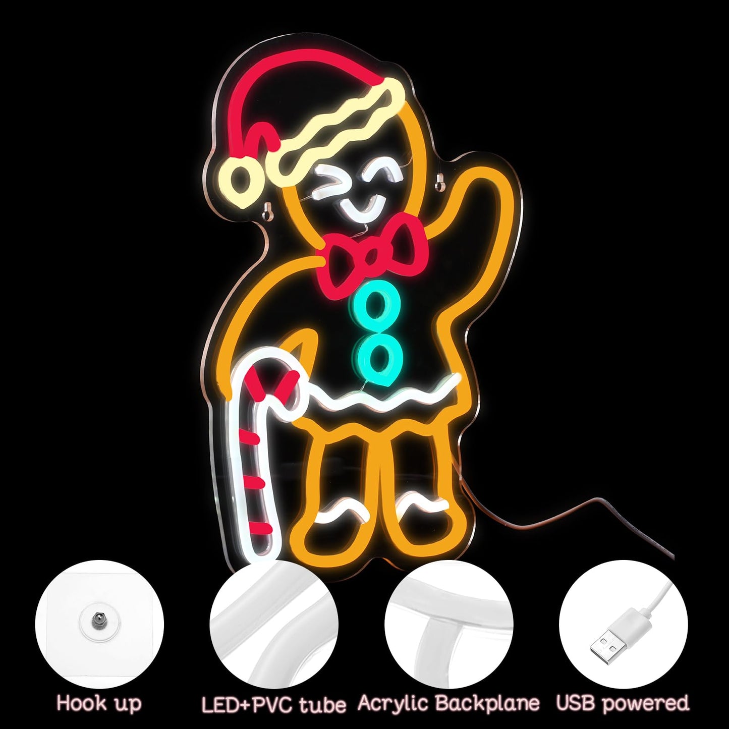 Xuhal Female Gingerbread Man Neon Sign Christmas Neon Sign Xmas Decorations Light up USB Powered LED Light Wall Bar Living Room Decor for Christmas Winter Home Bedroom Office Table