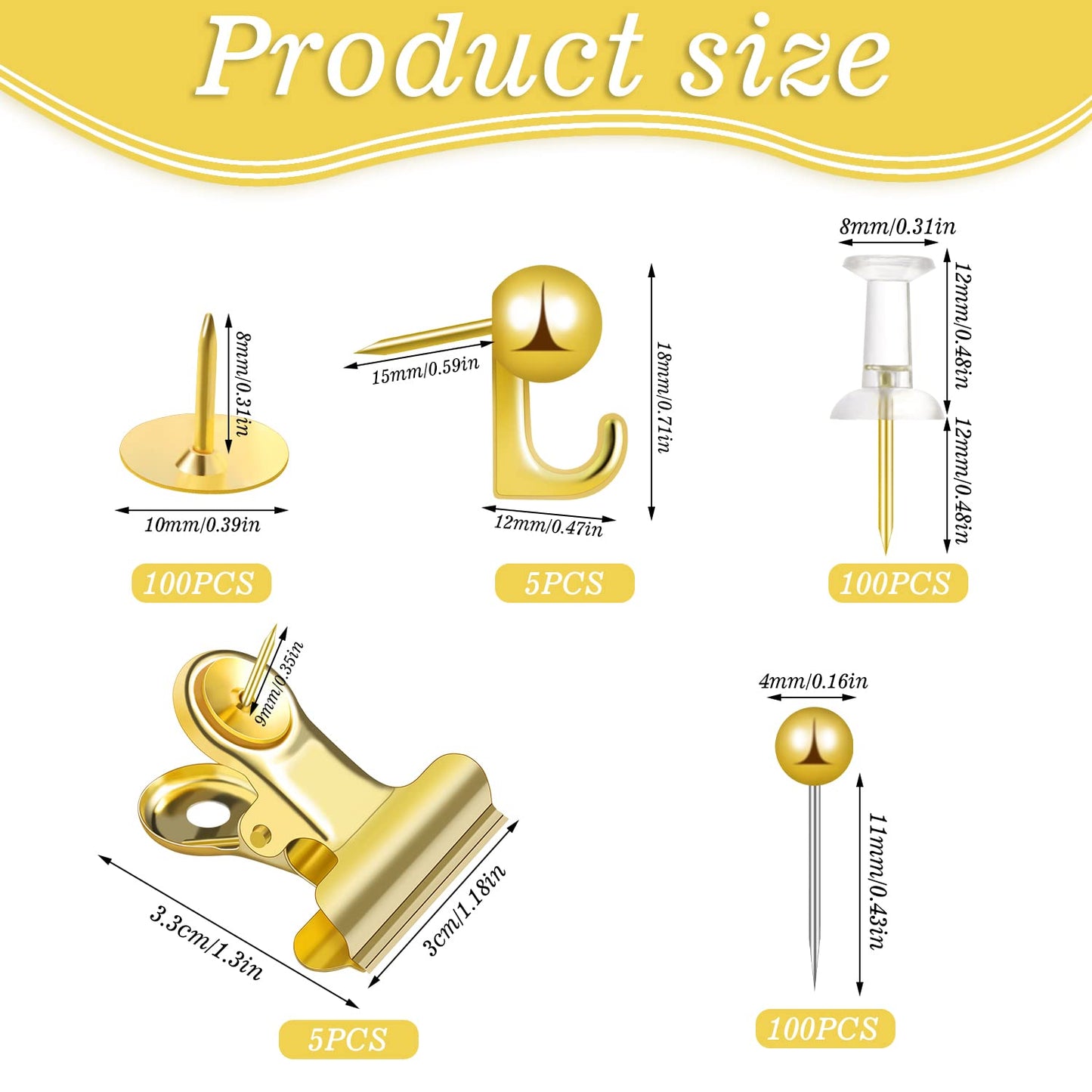 310 Pcs Gold Push Pins Set Thumb Tacks Decorative Push Pins for Cork Board with Push Pin Hook Pushpin Clip 5 Style Office Accessories for Cork Board Map Office (Gold)