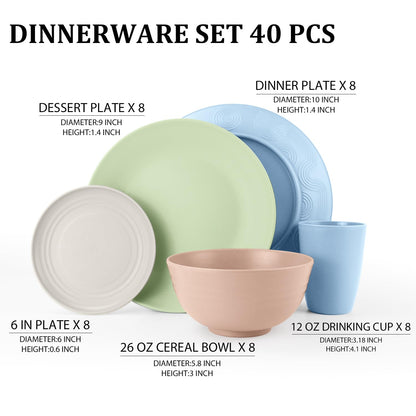Wheat Straw Dinnerware Set 40-Piece Service for 8 Unbreakable Dishes Set Plates and Bowls Sets Drinking Glasses Microwave Safe Dish Set Lightweight Dinnerware Set for Home & Kitchen - Yellow