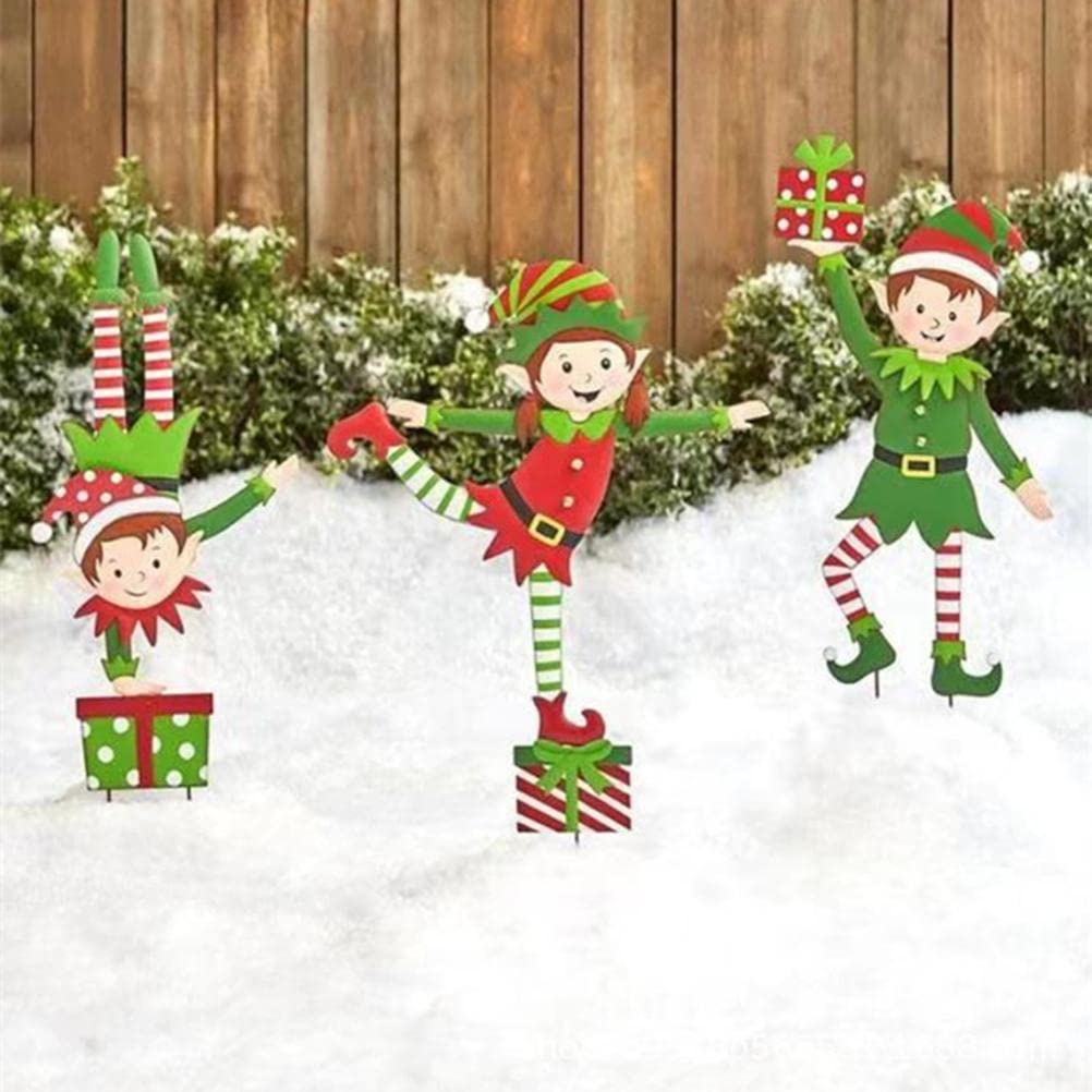shenruifa Christmas Elf Garden Stake, Metal Gnome Yard Stake Wrought Iron Elf Ornament Yard Signs Decor Outdoor Holiday Decoration (a)