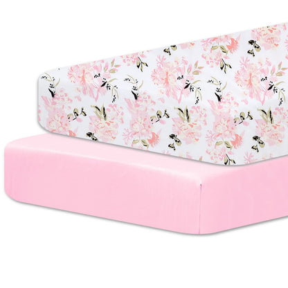 Little Grape Land Pack and Play Sheets Mini Crib Sheets Soft Breathable Pack N Play Sheets, Playard Fitted Sheet 2 Pack Stretchy Fits 38"x26" Playard Mattress, Pink Floral