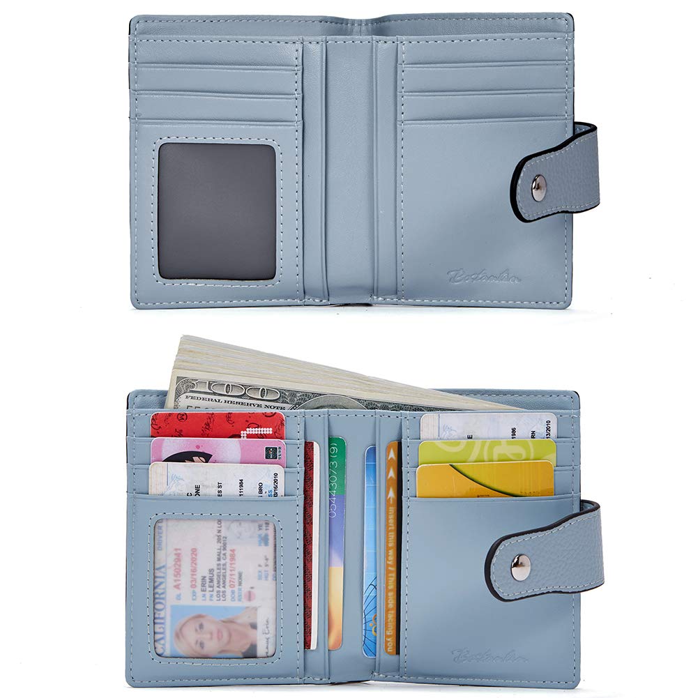 BOSTANTEN Women Leather Wallet RFID Blocking Small Bifold Zipper Pocket Wallet Card Case Purse with ID Window Blue