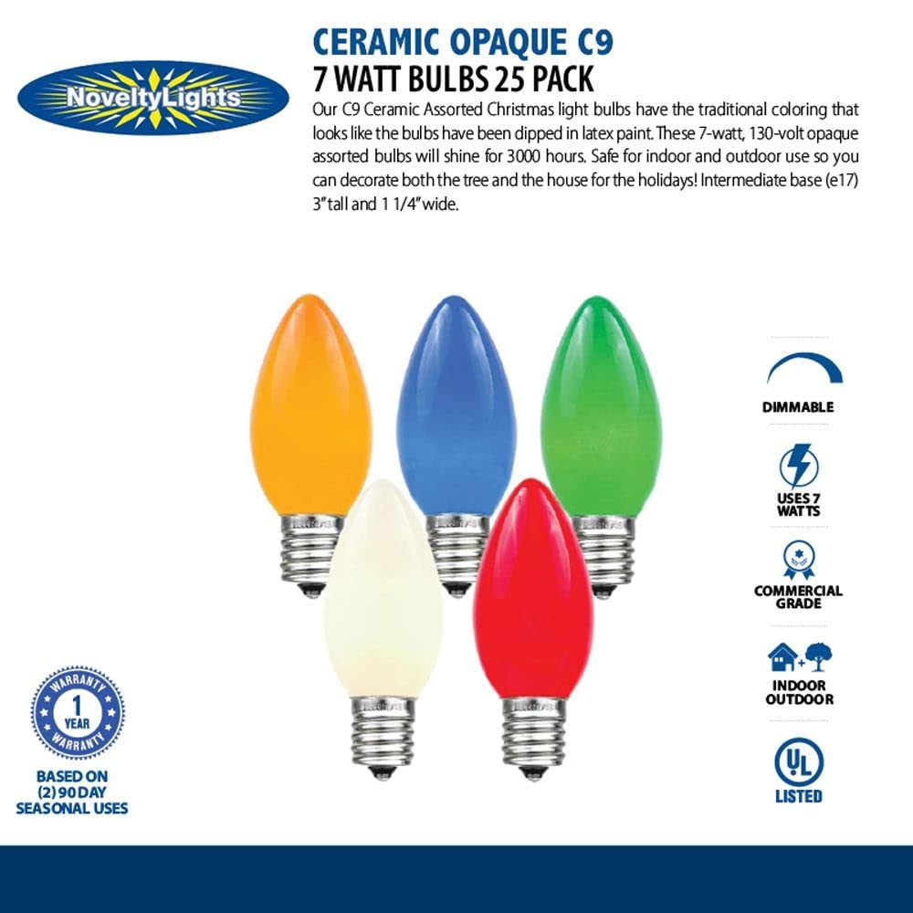 Novelty Lights 25 Pack C9 Ceramic Outdoor Christmas Replacement Bulbs, Red, E17 Intermediate Base, 7 Watt