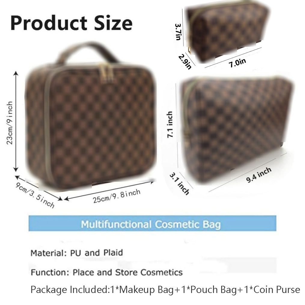 Brown Checkered Makeup Bag Set, Portable with Adjustable Partition, Large Capacity Pouch for Travel Organizer, Makeup Brushes Bag, Waterproof, Toiletries, Designer for Gift( 3Pcs Brown Checkered)