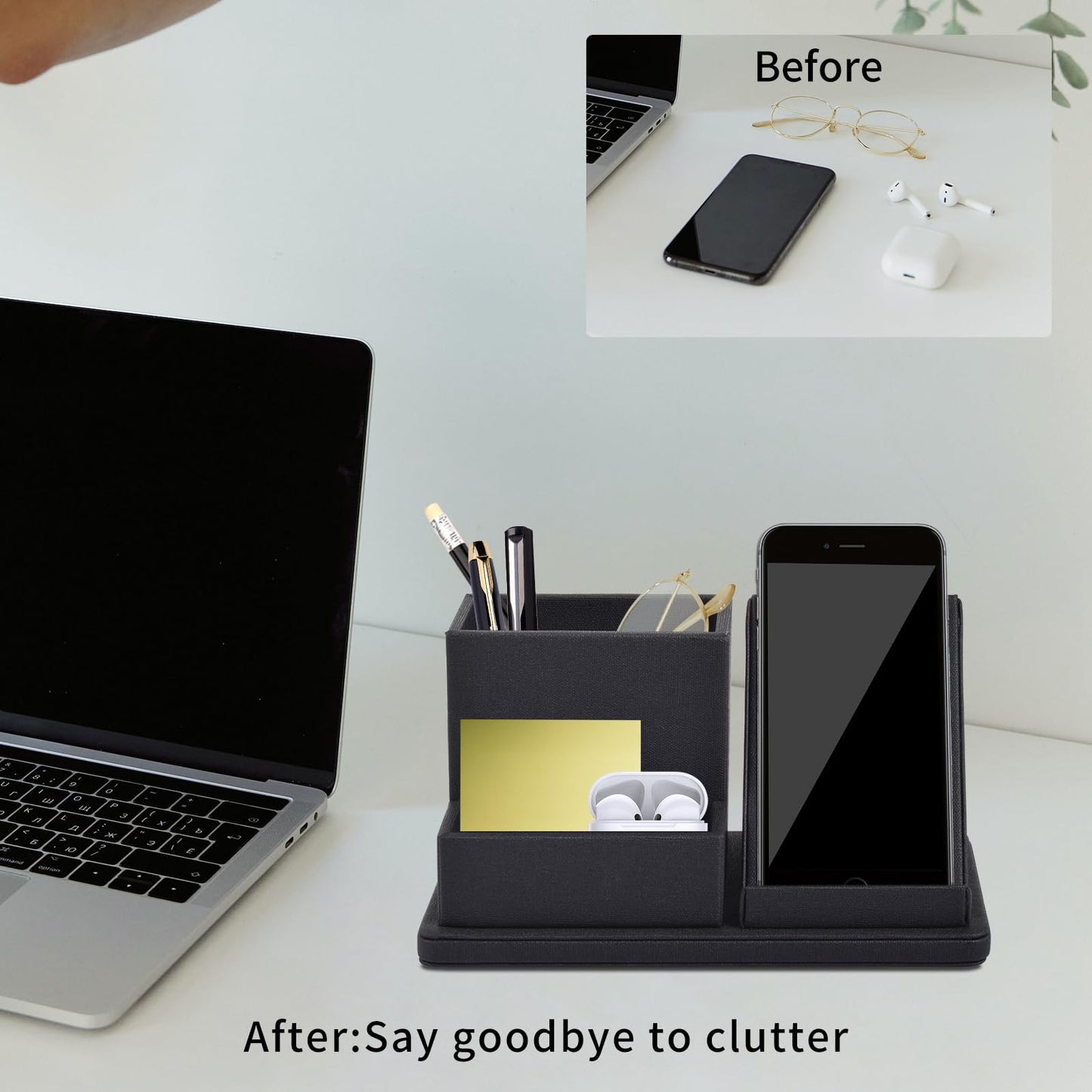 XNONE Pu Leather Desk Pen/Pencil Organizer Multi-Function Cell Phone/Remote Control Storage Box with 3 Compartments Office Supplies Sticky Note Tray Business Cards Holder,Black
