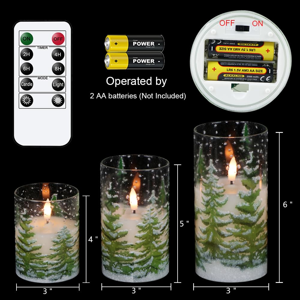 Eldnacele Christmas Tree Glass Flameless Candles Remote and Timer, Battery Operated Flickering LED Pillar Candles Warm White Light 3 Pack Dinner Xmas Festival Gift Holiday Decor(Green,3×4/5/6 Inch)