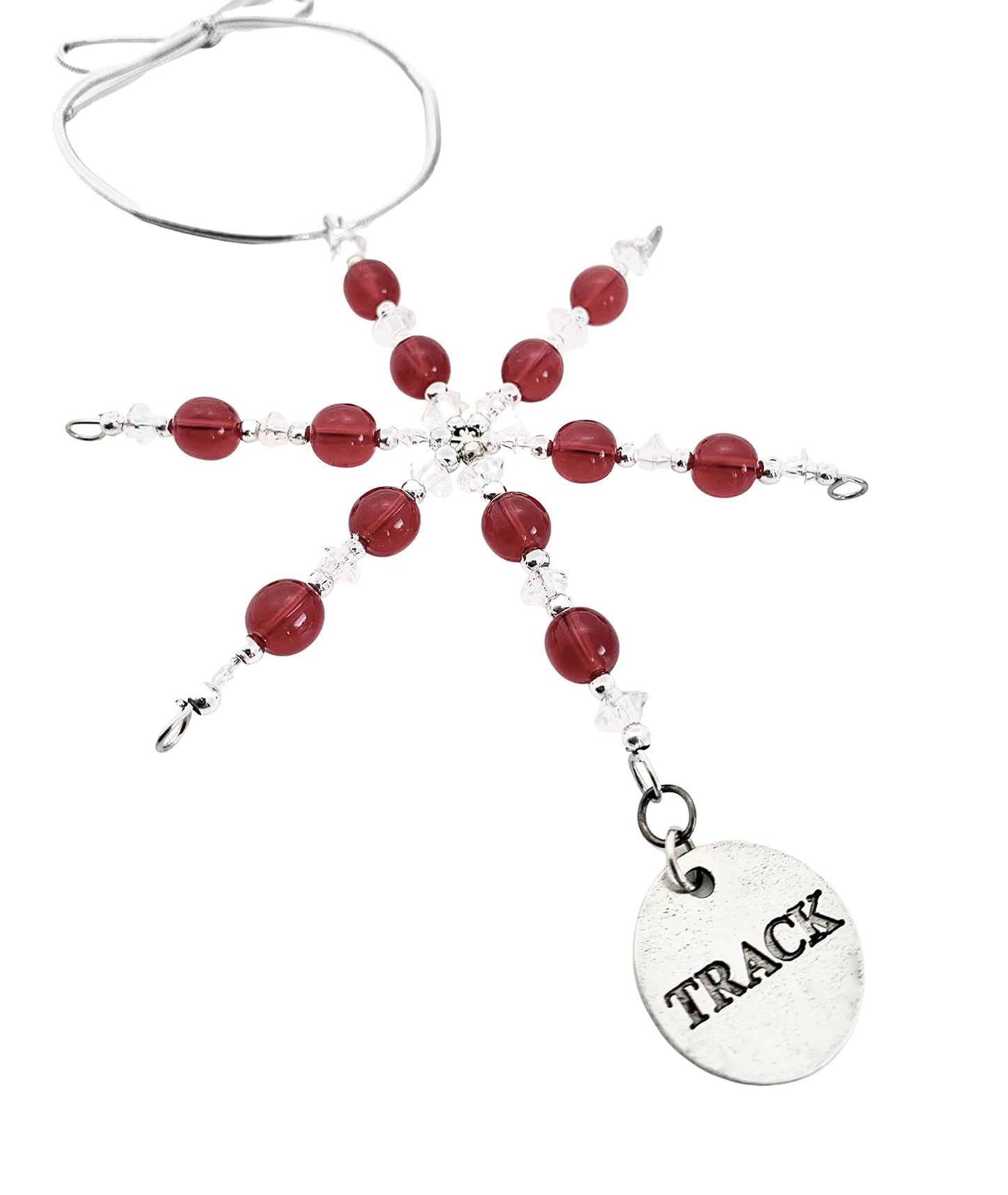 Track Round Ornament - Beaded Snowflake Christmas Ornament with Red Beads